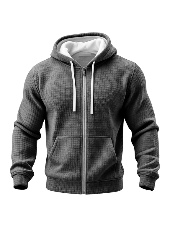 Mens Full Zip Hoodie Waffle Textured Sweatshirt Jacket for Men Fall Winter Warm Long Sleeve Drawstring Hood Kangaroo Pocket Ribbed Hem Loose Fit Tops Dark Gray 4XL