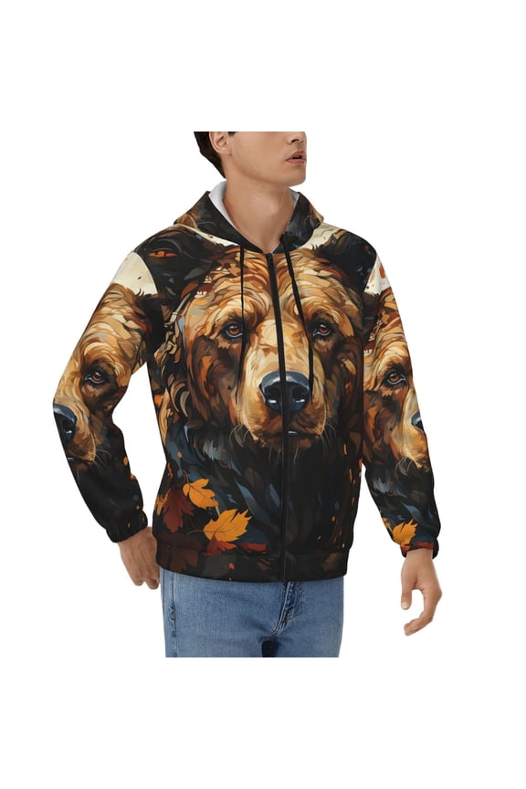 Mens Full Zip Hoodies Sweashirts Jacket Hooded Sweatshirt, Bear Grizzly Bear Art Vintage