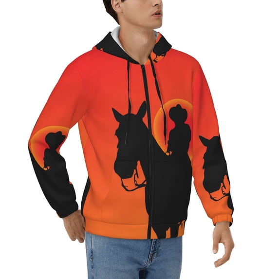 Mens Full Zip Hoodies Sweashirts Jacket Hooded Sweatshirt, Cowboy Silhouettes Western Horse