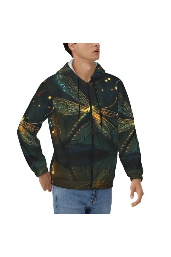 Mens Full Zip Hoodies Sweashirts Jacket Hooded Sweatshirt, Dragonfly Dance Fireflies Art