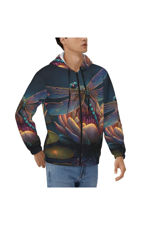 Mens Full Zip Hoodies Sweashirts Jacket Hooded Sweatshirt, Dragonfly Lotus Cool Art