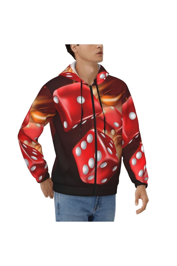 Mens Full Zip Hoodies Sweashirts Jacket Hooded Sweatshirt, Fire Dice Flaming Dices Flame