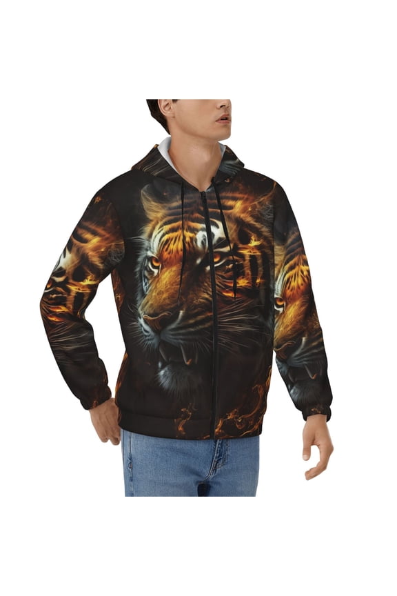 Mens Full Zip Hoodies Sweashirts Jacket Hooded Sweatshirt, Fire King Tiger Face Art