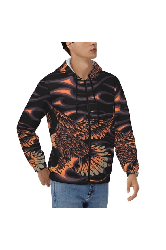 Mens Full Zip Hoodies Sweashirts Jacket Hooded Sweatshirt, Flaming Eagle Fire