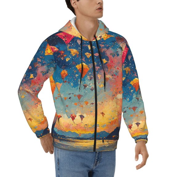 Mens Full Zip Hoodies Sweashirts Jacket Hooded Sweatshirt, Flying Kites Psychedelic