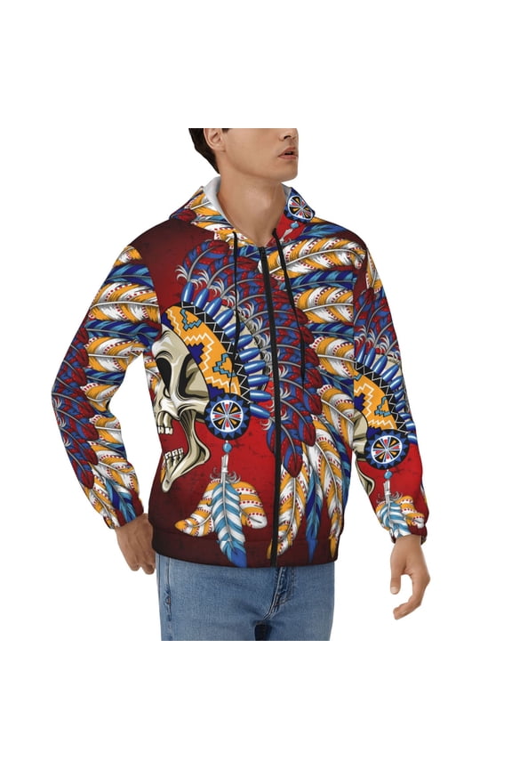 Mens Full Zip Hoodies Sweashirts Jacket Hooded Sweatshirt, Indian Skull Tribal Chief