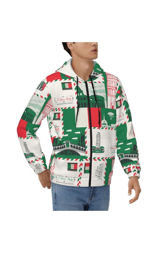 Mens Full Zip Hoodies Sweashirts Jacket Hooded Sweatshirt, Italian Flag Italy Map Vintage Envelope