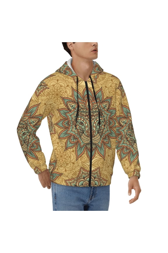 Mens Full Zip Hoodies Sweashirts Jacket Hooded Sweatshirt, Lion Head Indian Ethnic