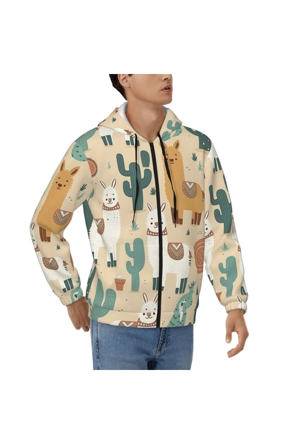 Mens Full Zip Hoodies Sweashirts Jacket Hooded Sweatshirt, Llama Alpaca Cactus Cartoon Cute