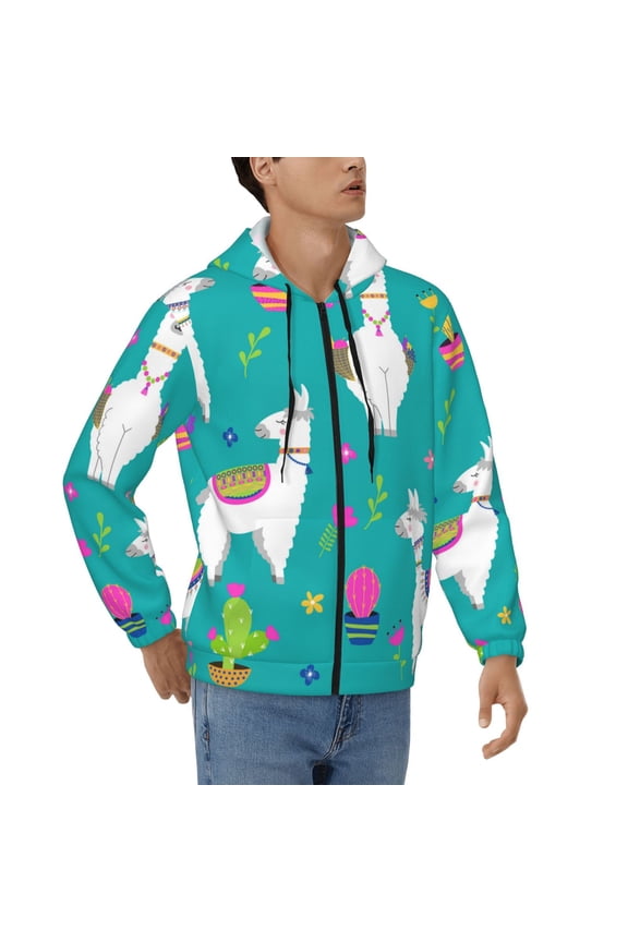 Mens Full Zip Hoodies Sweashirts Jacket Hooded Sweatshirt, Llama Alpaca Cactus Cartoon