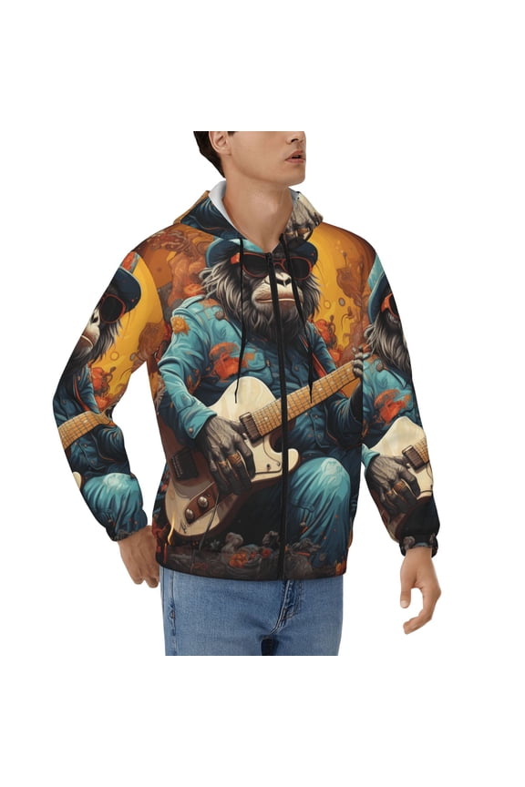Mens Full Zip Hoodies Sweashirts Jacket Hooded Sweatshirt, Monkey Playing Guitar Cool