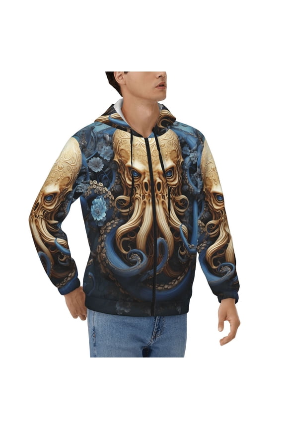 Mens Full Zip Hoodies Sweashirts Jacket Hooded Sweatshirt, Octopus Kraken Monster Art Vintage