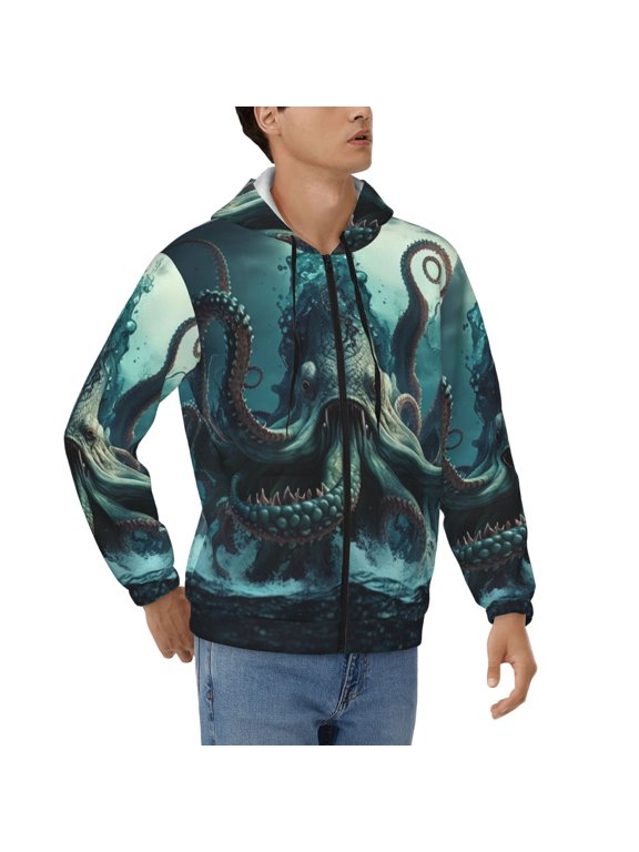 Mens Full Zip Hoodies Sweashirts Jacket Hooded Sweatshirt, Octopus Kraken Monster Ocean Art