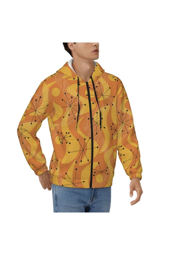 Mens Full Zip Hoodies Sweashirts Jacket Hooded Sweatshirt, Orange Geometric Atomic Modern Midcentury