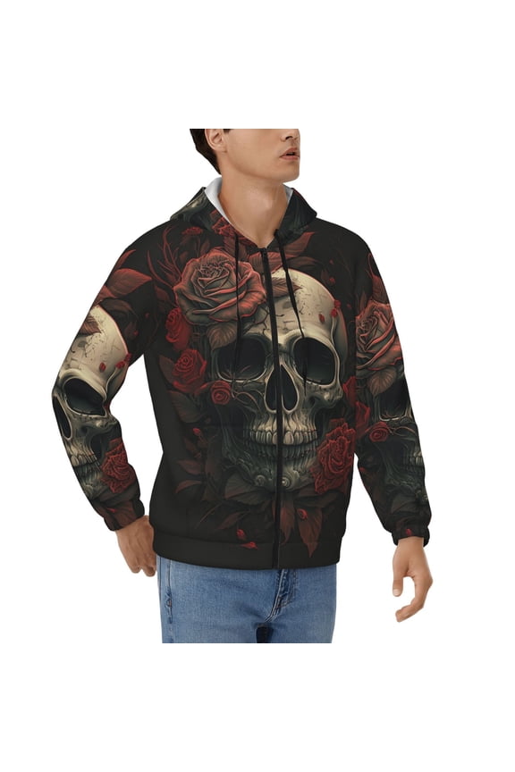 Mens Full Zip Hoodies Sweashirts Jacket Hooded Sweatshirt, Retro Skull Head Red Rose