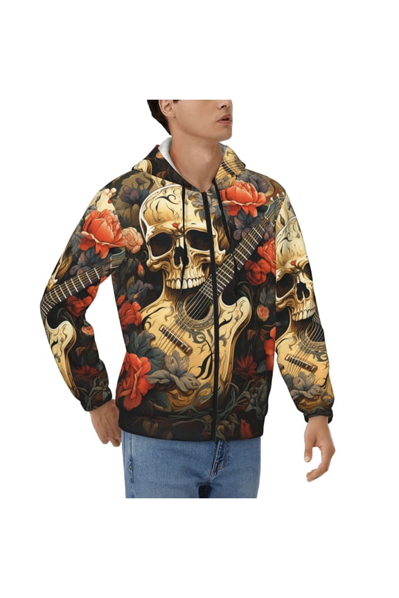 Mens Full Zip Hoodies Sweashirts Jacket Hooded Sweatshirt, Skull Guitar Vintage Art