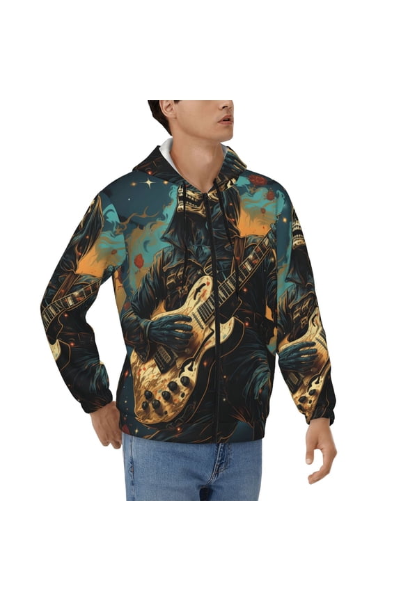 Mens Full Zip Hoodies Sweashirts Jacket Hooded Sweatshirt, Skull Playing Guitar Heavy Metal Rock Skeleton