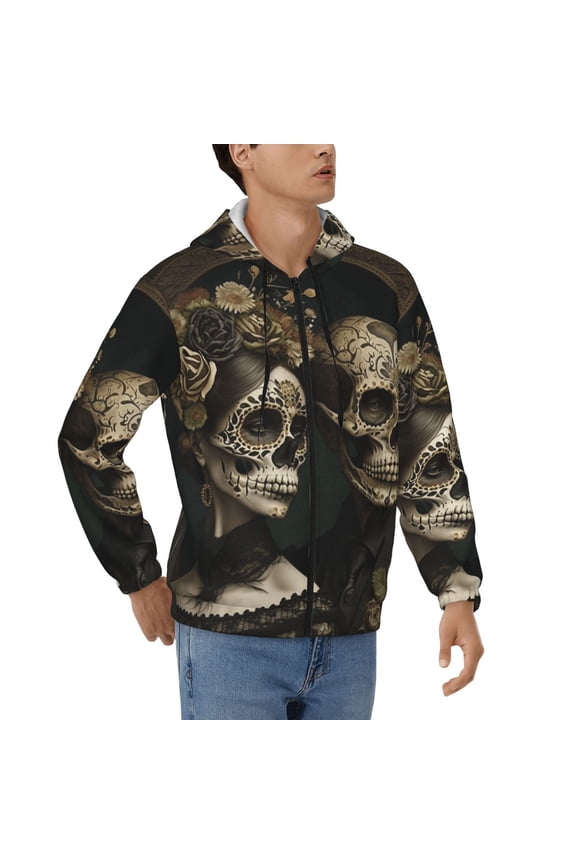 Mens Full Zip Hoodies Sweashirts Jacket Hooded Sweatshirt, Skulls Lovers Day Of The Dead