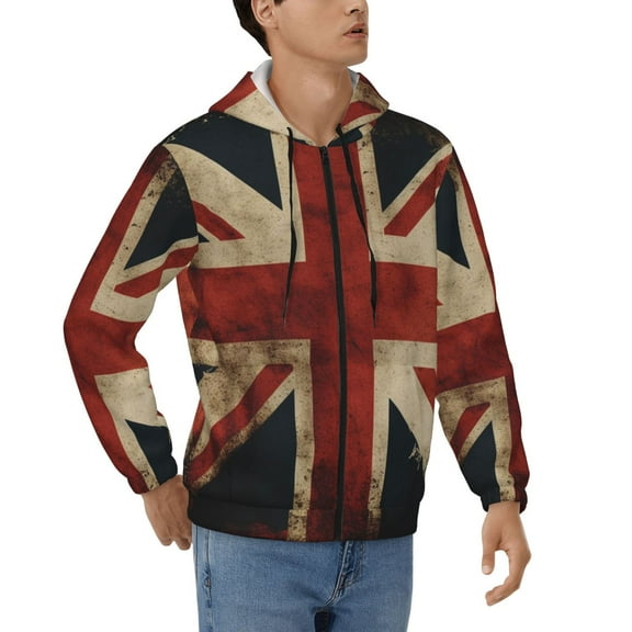 Mens Full Zip Hoodies Sweashirts Jacket Hooded Sweatshirt, Union Jack Flag Vintage UK