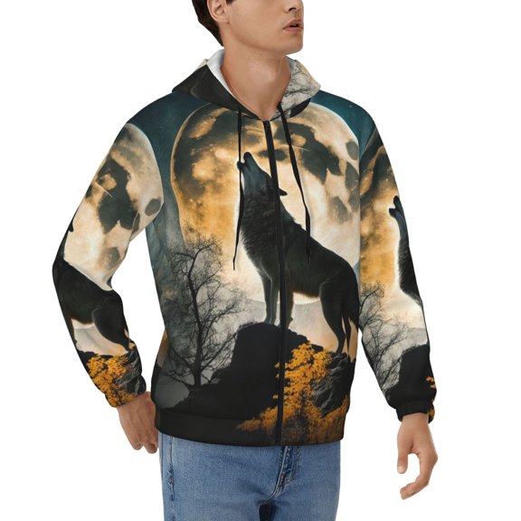 Mens Full Zip Hoodies Sweashirts Jacket Hooded Sweatshirt, Wolf Full Moon Howling