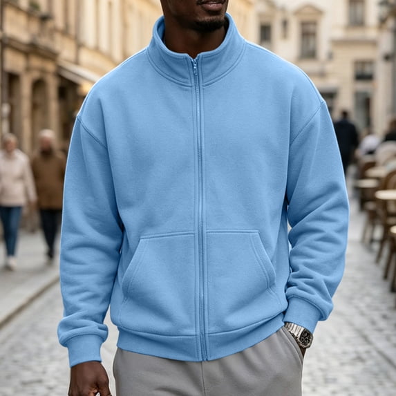 Mens Full Zip Jacket Fleece Sweatshirt Long Sleeve Stand Collar Casual Fall Winter Sportswear Outerwear Top with Front Pockets Light Blue 2XL