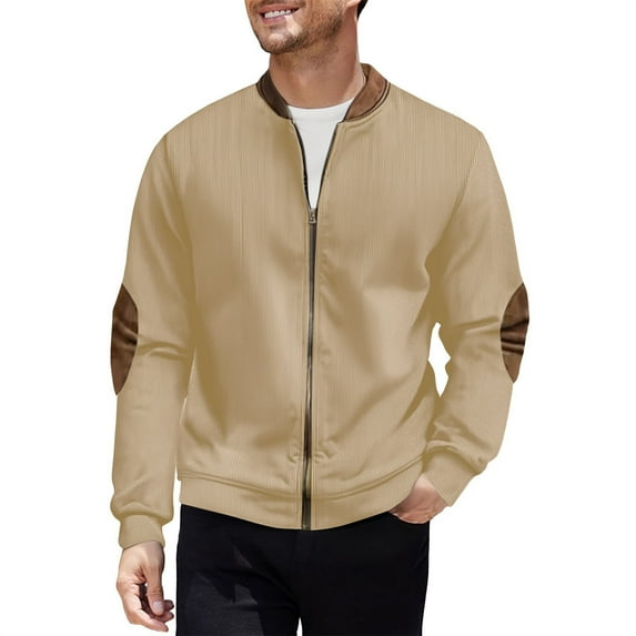 Mens Full Zip Jacket No Hood - Trendy Patchwork Colorblock Casual Bomber Jackets with Pockets Fall Outerwear Coat (2XL, Khaki)
