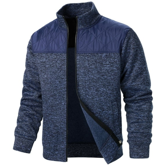 Mens Full Zip Knitted Jackets Long Sleeve Stand Collar Coats for Men Casual Solid Color Outerwear with Pockets (Navy M)