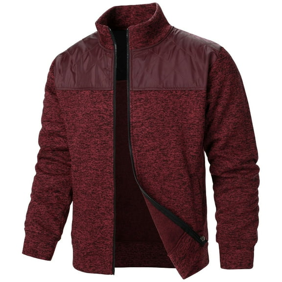 Mens Full Zip Knitted Jackets Long Sleeve Stand Collar Coats for Men Casual Solid Color Outerwear with Pockets (Wine M)