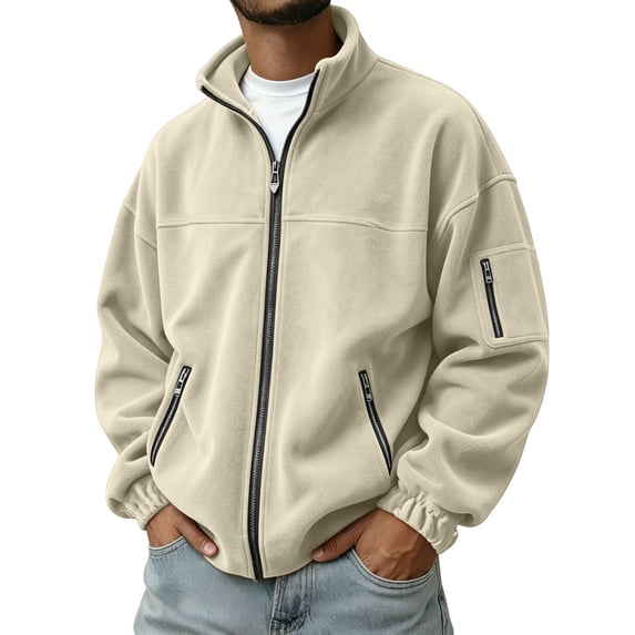 Mens Full Zip Polar Fleece Jacket Warm Winter Tactical Jackets | Classic Zip Up Coat, Multi Zipper Pockets, Windproof thermal, Athletic Workout, Fall Outdoor Active Beige
