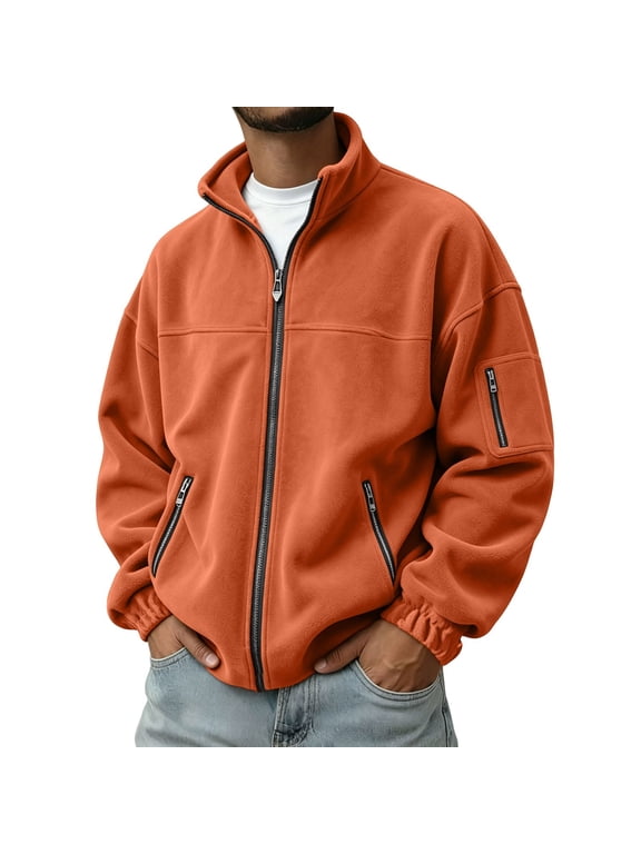 Mens Full Zip Polar Fleece Jacket Warm Winter Tactical Jackets | Classic Zip Up Coat, Multi Zipper Pockets, Windproof thermal, Athletic Workout, Fall Outdoor Active Orange