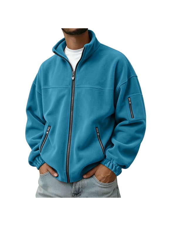 Mens Full Zip Polar Fleece Jacket Warm Winter Tactical Jackets | Classic Zip Up Coat, Multi Zipper Pockets, Windproof thermal, Athletic Workout, Fall Outdoor Active Sky Blue
