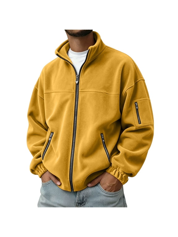 Mens Full Zip Polar Fleece Jacket Warm Winter Tactical Jackets | Classic Zip Up Coat, Multi Zipper Pockets, Windproof thermal, Athletic Workout, Fall Outdoor Active Yellow