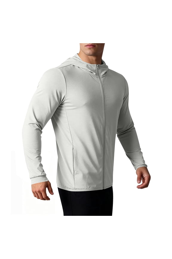 Mens Full Zip Sun Protection Hoodie Long Sleeve Lightweight Mesh Athletic Jacket with Side Pockets for Running Workout Training Fishing,XXL,Gray