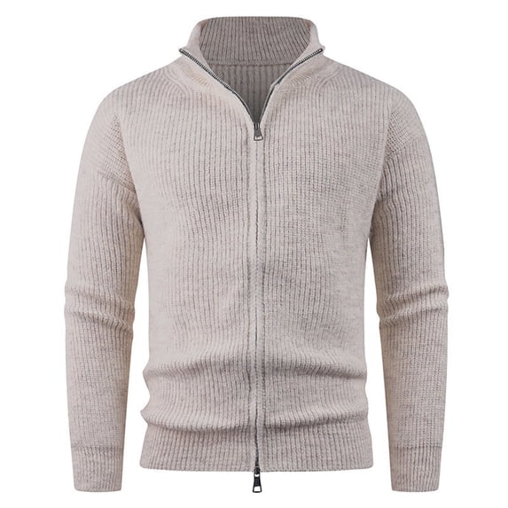 Mens Full Zip Sweater Casual Slim Fit Ribbed Knitted Mock Neck Cardigans Elastic Long Sleeve Outdoor Tops with Pockets (3XL, Beige)
