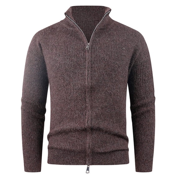 Mens Full Zip Sweater Casual Slim Fit Ribbed Knitted Mock Neck Cardigans Elastic Long Sleeve Outdoor Tops with Pockets (L, Coffee)