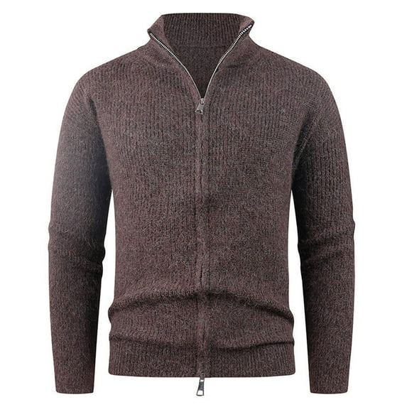 Mens Full Zip Sweater Casual Slim Fit Ribbed Knitted Mock Neck Cardigans Elastic Long Sleeve Outdoor Tops with Pockets (L, Coffee)