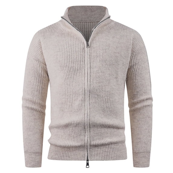 Mens Full Zip Sweater Casual Slim Fit Ribbed Knitted Mock Neck Cardigans Elastic Long Sleeve Outdoor Tops with Pockets (M, Beige)