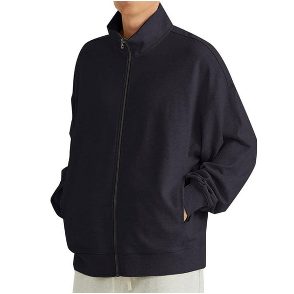 Mens Full Zip Up Jackets Casual Soft Warm Coats with Pockets Winter Stand Collar Solid Color Long Sleeve Outerwear (Black S)