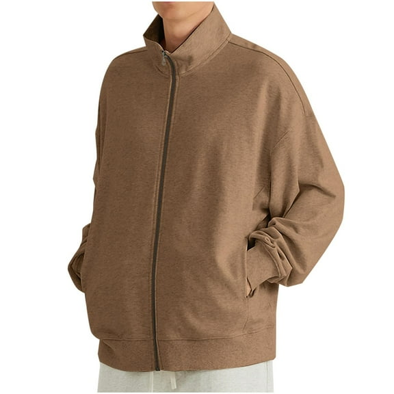 Mens Full Zip Up Jackets Casual Soft Warm Coats with Pockets Winter Stand Collar Solid Color Long Sleeve Outerwear (Coffee S)