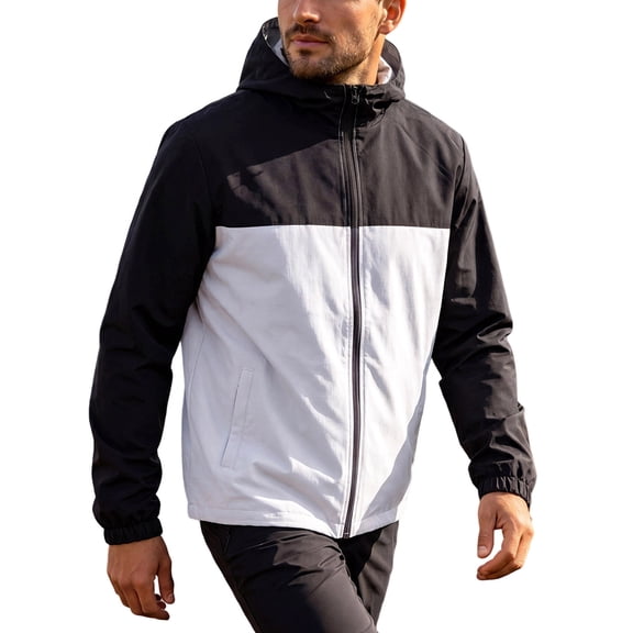 Mens Full Zip Waterproof Rain Outerwear Windbreaker Jacket Color Block Hooded Coat Top Spring Fall Wind Resistant Pocket