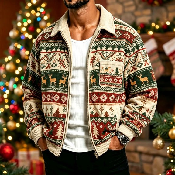 Mens Full Zip Xmas Corduroy Coat Long Sleeve Lapel Collar Christmas Retro Forest Fair Isle Printed Workwear Jacket with Chest & Side Pockets Khaki XXXL