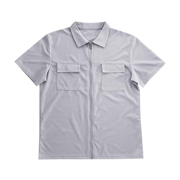 Mens Full Zipp Short Sleeve Shirt Summer Stretch Business Shirts Light Gray S