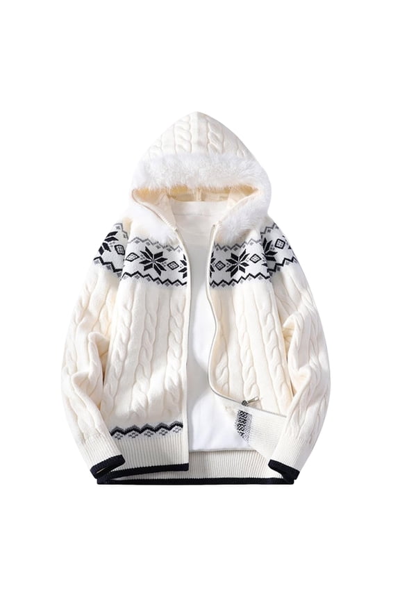 Mens Full-zip Sweater Jacket with Faux Fur Trim Hood Vintage Aztec Printed Casual Knitted Cardigan Outerwear (XL, Beige)