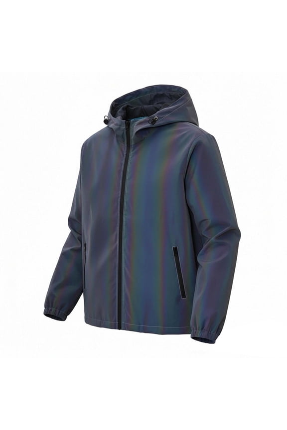 Mens Fully Reflective Jacket Outdoor Hooded Windbreaker Running Cycling Coat with Zipper Pocket Black