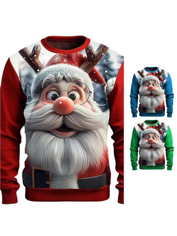 Mens Fun Christmas Sweater 3D Santa Face Crewneck Pullover Funny Holiday Party Top
