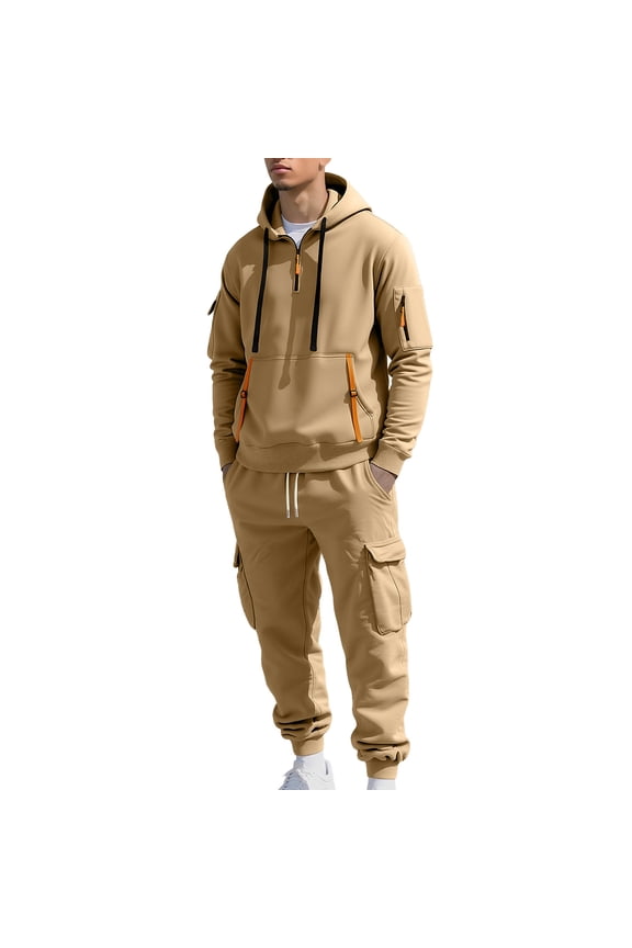 Mens Functional Sweatsuits 2 Piece Matching Lounge Set Flannel Long Sleeve Pullover Sweater Blouses Half Zip Hooded Sweatshirt Comfort Casual Sweatpants Baggy Relaxed Fit Joggers Pants