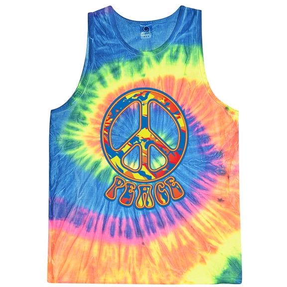 Mens Funky Peace 60s 70s Hippie Tie Dye Tanktop, Large Neon Rainbow