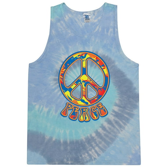 Mens Funky Peace 60s 70s Hippie Tie Dye Tanktop, Small Lagoon Blue