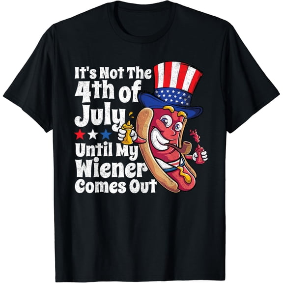 Mens Funny 4th of July Hot Dog Wiener Comes Out Adult Humor Gift T-Shirt