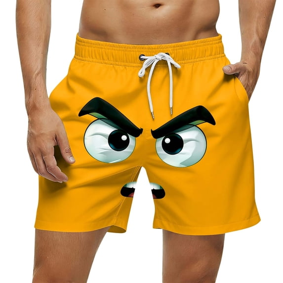 Bwndum Mens Funny Angry Face 3D Print Swim Trunks | Quick Dry Board Shorts with Pockets | Orange | Big & Tall Sizes S-5XL for Beach Pool Vacation,Size 2XL